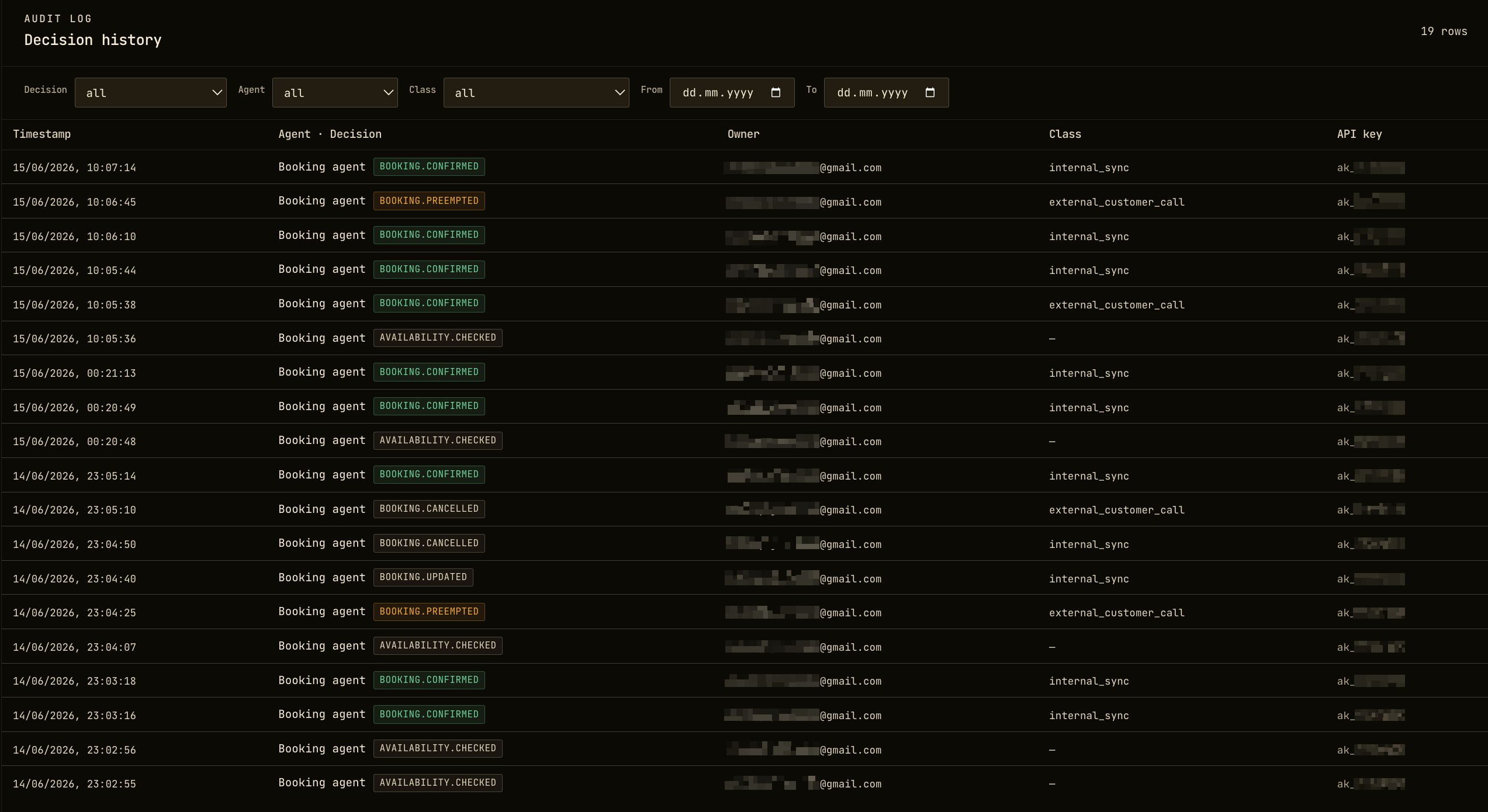Openavail audit log showing 19 booking decisions with agent names, decision badges, calendar owners, and API keys
